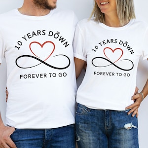 10th Wedding Anniversary Shirts, 10th Anniversary Gift, Husband Wife T-Shirts, Matching Married Couple Tees, 10 Years Down Forever To Go