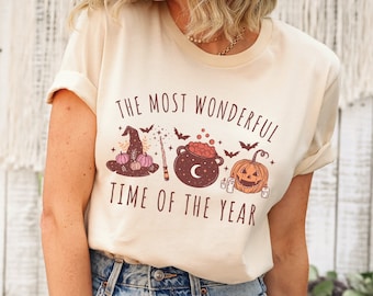 Witchy Vibes Halloween Shirt, Boho Halloween T-Shirt, Spooky Season Shirt, Cute Witchy Shirt For Fall, Retro Pumpkin Tee, Trendy Halloween