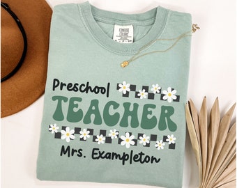 Comfort Colors® Preschool Teacher Shirt, Custom Preschool Teacher Shirt, Personalized Preschool Teacher Gift, Cute Daisy Retro Teacher Shirt