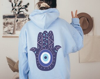 Evil Eye Hamsa Hoodie, Trendy Aesthetic Back Print Hoodie, Hand Of Fatima Evil Eye Protection, Mystical Spiritual Nazar Gift, Up to size 5XL