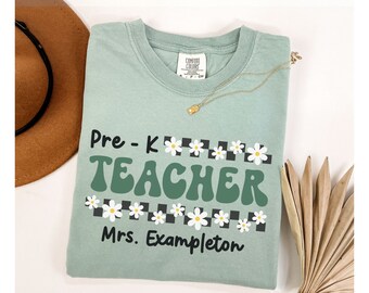 Comfort Colors® Pre-K Teacher Shirt, Custom Pre-K Teacher Name Shirt, Personalized Pre-K Teacher Gift, Cute Daisy Retro Pre K Teacher Shirt