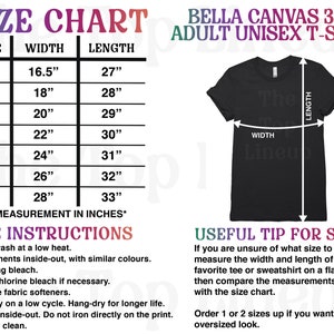 May include: Size chart for Bella Canvas 3001 adult unisex t-shirts. The chart shows sizes XS to 3XL with corresponding width and length measurements in inches. A black t-shirt is shown with the width and length measurements labeled.
