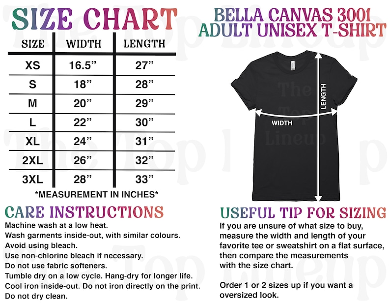 May include: Size chart for Bella Canvas 3001 adult unisex t-shirts. The chart shows sizes XS to 3XL with corresponding width and length measurements in inches. A black t-shirt is shown with the width and length measurements labeled.