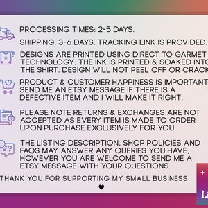 May include: A white rectangular graphic with text and icons on a gradient purple and green background. The text includes information about processing times, shipping, and returns. The graphic also features the shop's logo, "The Top Lineup."