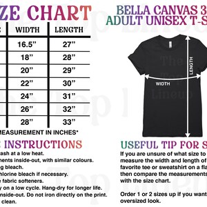 Pode incluir: Tabela de tamanhos para camisetas unisex para adultos Bella Canvas 3001. A tabela mostra os tamanhos XS a 3XL com as medidas de largura e comprimento correspondentes em polegadas. Uma camiseta preta &eacute; mostrada com as medidas de largura e comprimento indicadas.