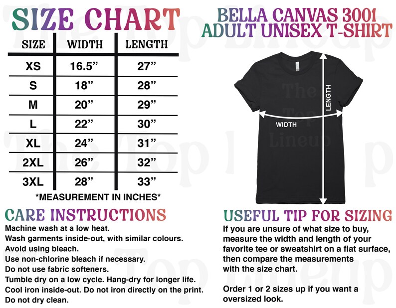 Pode incluir: Tabela de tamanhos para camisetas unisex para adultos Bella Canvas 3001. A tabela mostra os tamanhos XS a 3XL com as medidas de largura e comprimento correspondentes em polegadas. Uma camiseta preta &eacute; mostrada com as medidas de largura e comprimento indicadas.