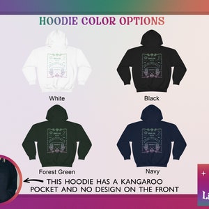 May include: Image showcasing four hoodie color options: white, black, forest green, and navy. Each hoodie features a design on the back with the word "Ouija" and other text. The image also notes that the hoodie has a kangaroo pocket and no front design.