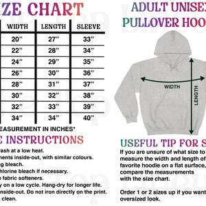 May include: A size chart for an adult unisex pullover hoodie, with measurements in inches for width, length, and sleeve. The chart includes sizes S to 5XL. Care instructions and a sizing tip are also included.
