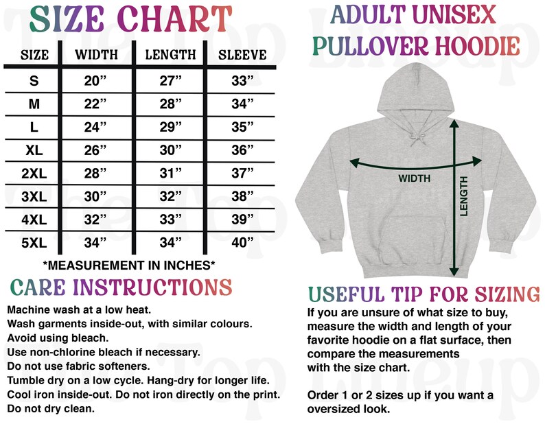 May include: A size chart for an adult unisex pullover hoodie, with measurements in inches for width, length, and sleeve. The chart includes sizes S to 5XL. Care instructions and a sizing tip are also included.