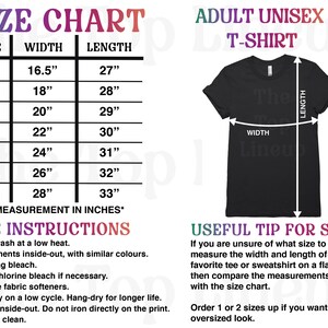 May include: Size chart for a unisex t-shirt with measurements in inches for width and length. The chart shows sizes from XS to 3XL.  Care instructions and a tip for sizing are also included.