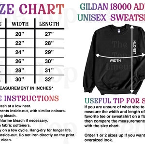 May include: Size chart for Gildan 18000 adult unisex sweatshirt. The chart shows sizes S through 3XL with corresponding width and length measurements in inches. Care instructions and a sizing tip are also included.