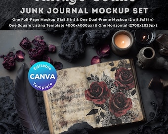 May include: A vintage gothic junk journal mockup set. The image features an open journal with red roses, sheet music, and decorative elements. The set includes full-page and dual-frame mockups, plus square and horizontal templates. The text "Editable CANVA Template" is also visible.