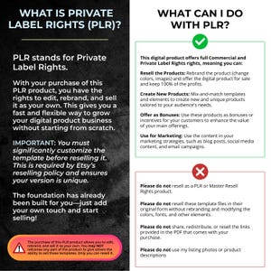 May include: A graphic explaining the concept of Private Label Rights (PLR) and what you can do with PLR products. The graphic includes a green checkmark and a red X to indicate what is allowed and what is not allowed. The text includes the following: "Resell the Products", "Create New Products", "Offer as Bonuses", "Use for Marketing", "Please do not resell as a PLR or Master Resell Rights product", "Please do not resell these template files in their original form without rebranding and modifying the colors, fonts, and other elements", "Please do not share, redistribute, or resell the links provided in the PDF that comes with your purchase", "Please do not use my listing photos or product descriptions".