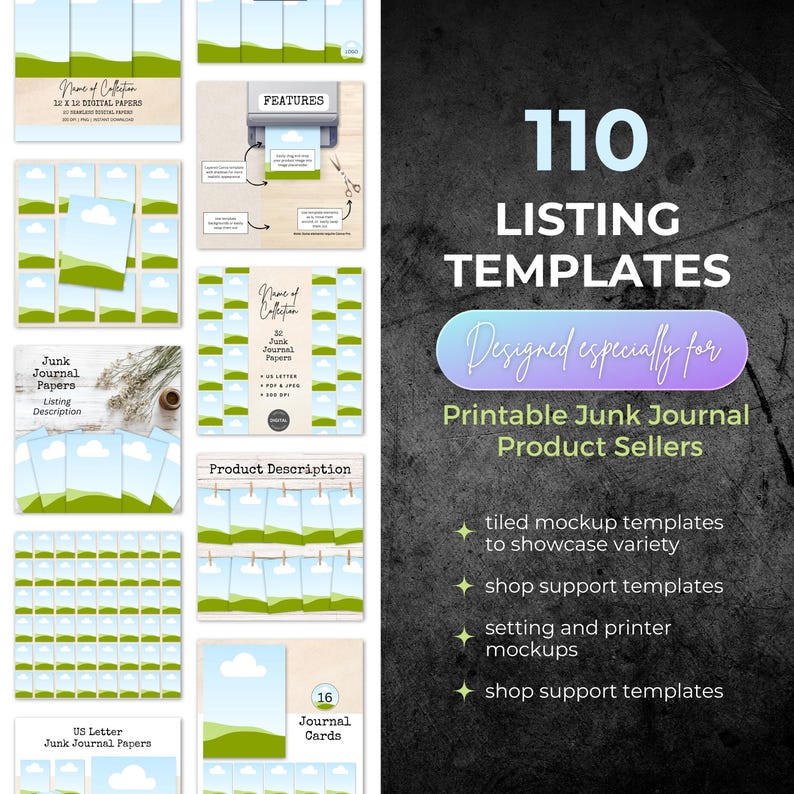 May include: A collage of 110 printable junk journal templates designed for product sellers. The templates feature a tiled mockup design with a green and blue color scheme. The text "110 Listing Templates" is displayed in large white letters.