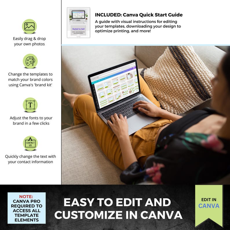 May include: A woman sits on a couch using a laptop to edit a Canva template. The text on the screen reads "Signed to Self". The image includes text that says "Easy to edit and customize in Canva" and "Edit in Canva".