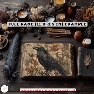 May include: An open book with a raven illustration, surrounded by candles, a feather, and dried foliage. The book's pages feature a vintage map design with autumn leaves. The text "FULL PAGE (11 X 8.5 IN) EXAMPLE" is visible.