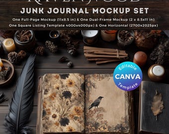May include: A junk journal mockup set with the text "RAVENWOOD". The image features an open journal with floral designs and a crow illustration. Additional elements include candles, feathers, and the text "Editable CANVA Template".
