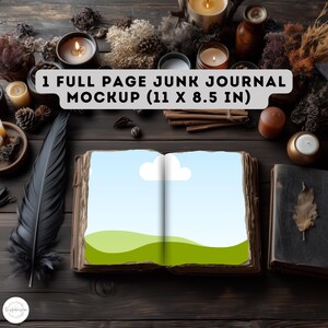 May include: A full-page junk journal mockup (11 x 8.5 in) with an open book featuring a sky and green hills design. The scene includes candles, a feather, and other decorative elements on a dark wooden surface.