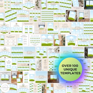 May include: A collage of over 100 unique printable journal card and digital paper templates featuring a green and blue landscape design with clouds. The text "Over 100 Unique Templates" is in a large circle.