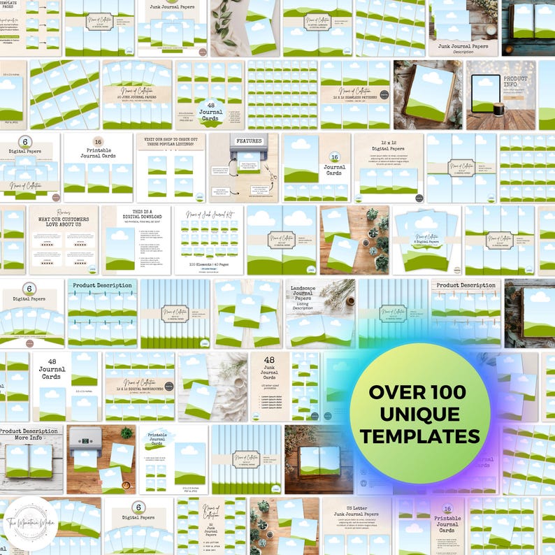May include: A collage of over 100 unique printable journal card and digital paper templates featuring a green and blue landscape design with clouds. The text "Over 100 Unique Templates" is in a large circle.