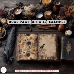 May include: An open book with floral illustrations and a raven, surrounded by candles, feathers, and dried botanicals. The text "DUAL PAGE (8.5 X 11) EXAMPLE" is visible. The image has a rustic, vintage aesthetic, with a dark wooden background.