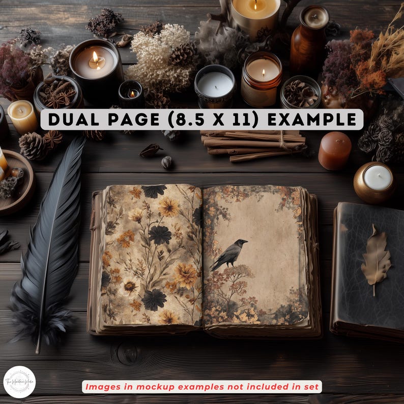 May include: An open book with floral illustrations and a raven, surrounded by candles, feathers, and dried botanicals. The text "DUAL PAGE (8.5 X 11) EXAMPLE" is visible. The image has a rustic, vintage aesthetic, with a dark wooden background.