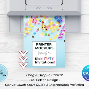 May include: Printable party invitation mockups for kids' parties. The mockups feature a blue background with colorful confetti and ribbons. The text on the mockups reads "Printer Mockups Especially for Kids' Party Invitations!" and "Drag & Drop in Canva! US Letter Design."