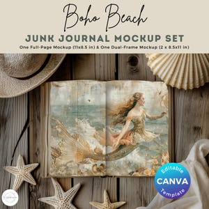 Op de afbeelding: Een digitale mockupset voor junk journals met een zeemeerminillustratie op een schelpenachtergrond. De set bevat één full-page mockup (11x8,5 inch) en één dual-frame mockup (2 x 8,5x11 inch).