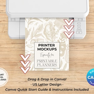 May include: A printer mockup design template for printable planners. The design features a floral pattern in beige and brown with the text "Printer Mockups" and "Especially for Printable Planners". The template is designed for use with Canva and includes a quick start guide and instructions.