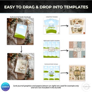 May include: A digital product bundle for junk journalers, featuring mockups of journals, listing photo templates, digital papers, and patterns. The bundle includes 48 journal cards and 40 journal cards. The graphics and papers shown are for example only and are not included in the bundle.