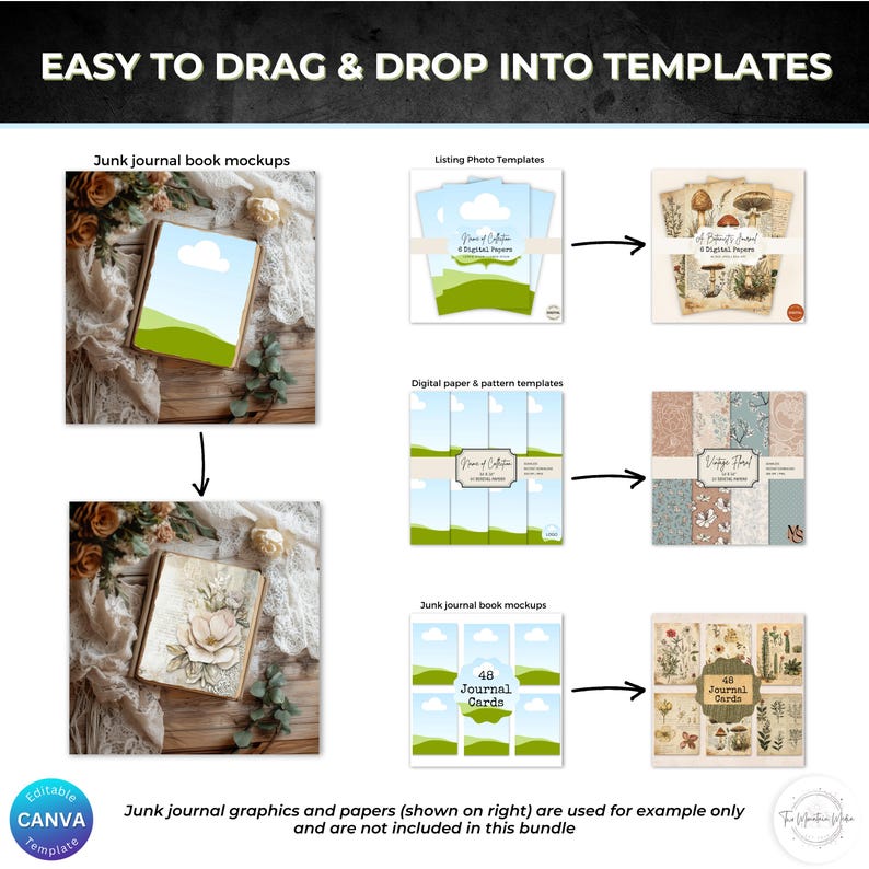 May include: A digital product bundle for junk journalers, featuring mockups of journals, listing photo templates, digital papers, and patterns. The bundle includes 48 journal cards and 40 journal cards. The graphics and papers shown are for example only and are not included in the bundle.
