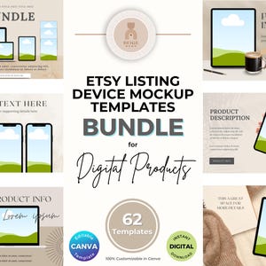 Puede incluir: Un paquete de plantillas de maquetas de listados de Etsy para productos digitales. La imagen presenta varios dispositivos como teléfonos, tabletas y computadoras portátiles con plantillas de Canva personalizables.