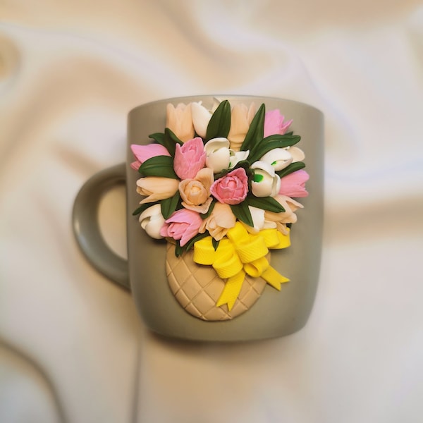 Mug fait main avec fleurs en pâte polymère, Mug à café, Mug Cottagecore, Mug fleuri, Cadeau pour amateur de thé, Tasse florale, Fleurs pressées, Mug cadeau.