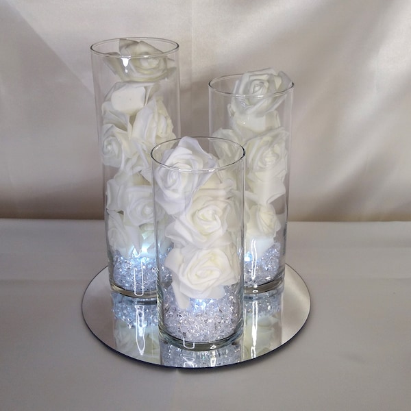 Wedding Table Centerpiece, 3 vases, with mirror, flowers, crystals, floating candles and LED lights