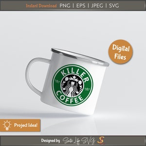 May include: White enamel mug with a green and black logo that says "Killer Coffee". The logo features a siren-like figure with a crown and a star. The mug is tilted to the side.