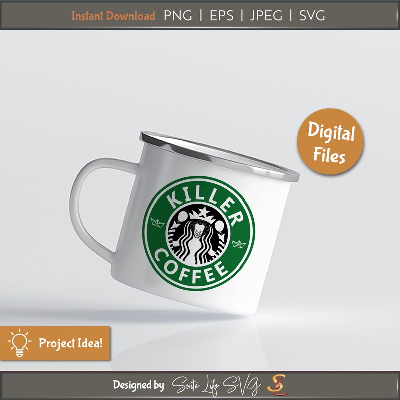 May include: White enamel mug with a green and black logo that says "Killer Coffee". The logo features a siren-like figure with a crown and a star. The mug is tilted to the side.