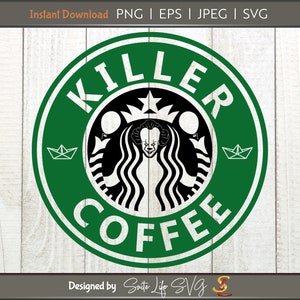 May include: Green and black logo with the words "Killer Coffee" in a white circle. The logo is a parody of the Starbucks logo, with a clown face in place of the mermaid.