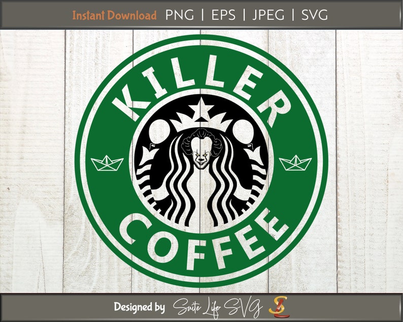 May include: Green and black logo with the words "Killer Coffee" in a white circle. The logo is a parody of the Starbucks logo, with a clown face in place of the mermaid.