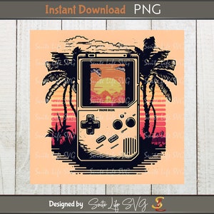 May include: A retro-style video game console with a sunset and palm trees in the background. The console is white with black buttons and a screen that shows a sunset scene. The text "POWER DESLIL" is printed on the console.