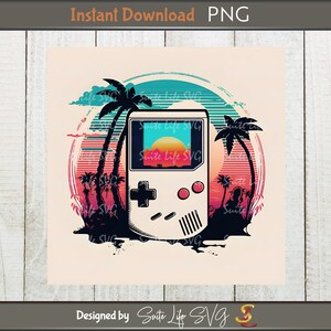 May include: A retro-style illustration of a handheld video game console with a sunset and palm trees in the background. The console is white with a black screen and buttons. The sunset is a gradient of orange, pink, and purple. The palm trees are black silhouettes.