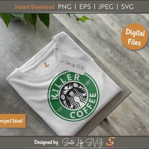 May include: White t-shirt with a green and black graphic of a coffee cup with the text "Killer Coffee".