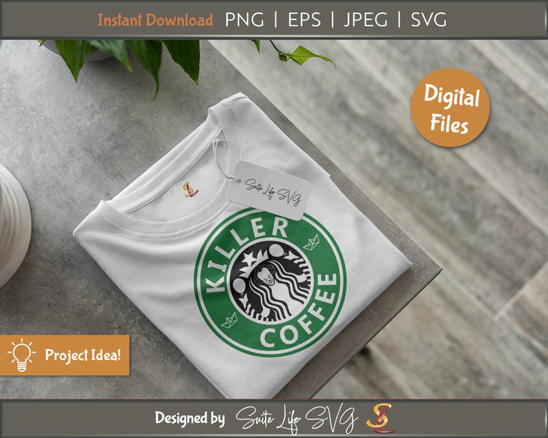 May include: White t-shirt with a green and black graphic of a coffee cup with the text "Killer Coffee".