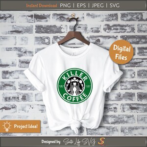 May include: White t-shirt with a green and black logo that says "Killer Coffee". The logo is a parody of the Starbucks logo.