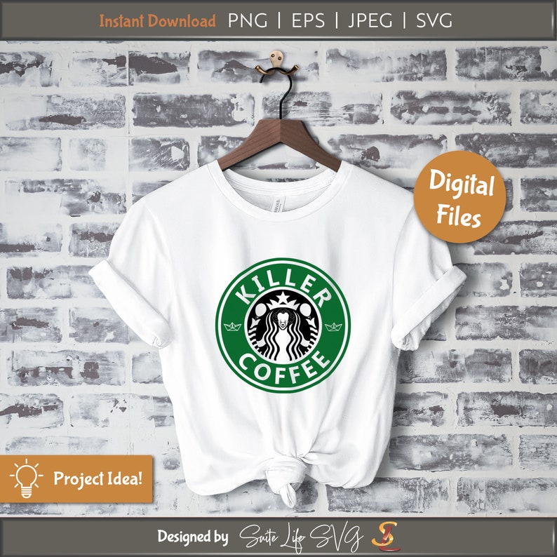 May include: White t-shirt with a green and black logo that says "Killer Coffee". The logo is a parody of the Starbucks logo.