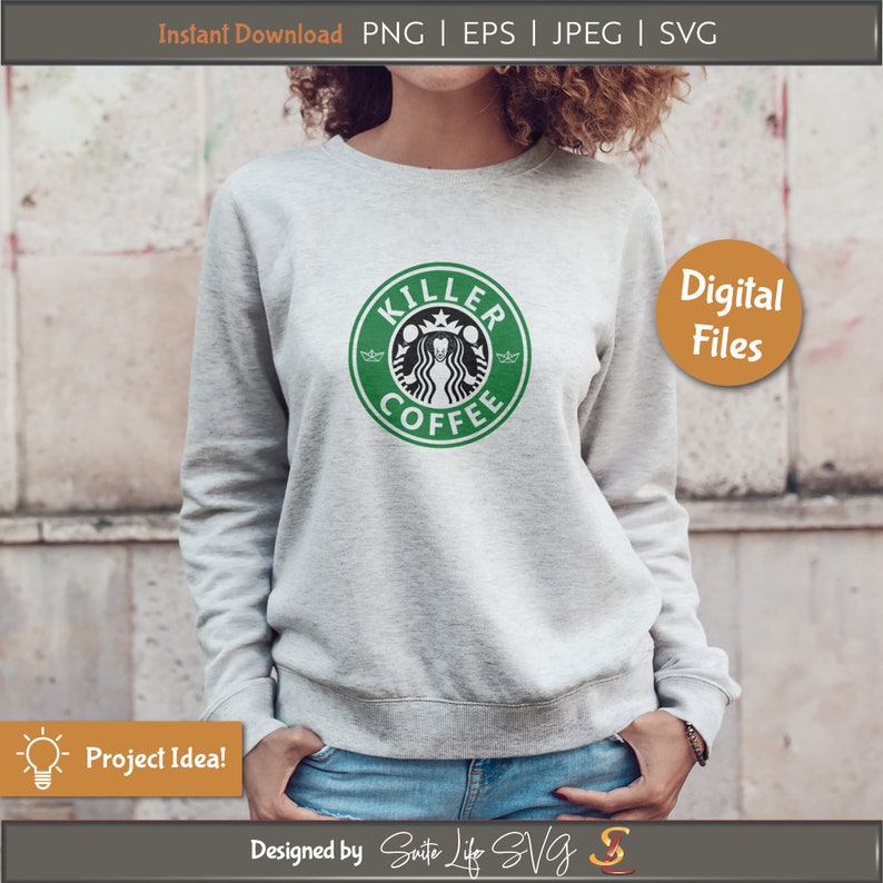 May include: A gray sweatshirt with a green and white logo that says "Killer Coffee". The logo is a parody of the Starbucks logo.