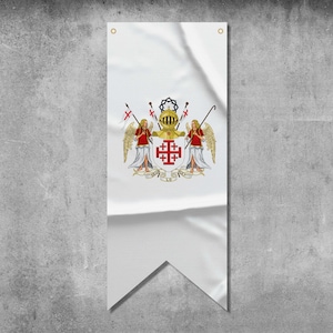 May include: A white banner with a coat of arms featuring two angels flanking a red cross with a gold helmet and crown above. The banner is hanging on a gray concrete wall.