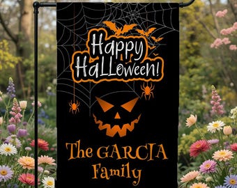 Personalized Halloween Garden Flag with Family Name – Custom Spooky Yard Decor, Pumpkin Ghost Skeleton House Banner | Size: 30x45 cm