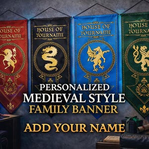 Banderín personalizado estilo medieval / Banderín familiar personalizable / Decoración para el hogar / Materiales de alta calidad / Tamaño: 50 x 120 cm