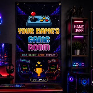 Banner personalizado para sala de juegos / Decoración personalizada para sala de gamers / Banner de pared estilo arcade retro / Bandera para sala de juegos infantil / Decoración de pixel art