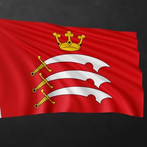 May include: A red flag with a white and gold design. The flag features three white scimitars with gold handles and a gold crown with a cross on top.